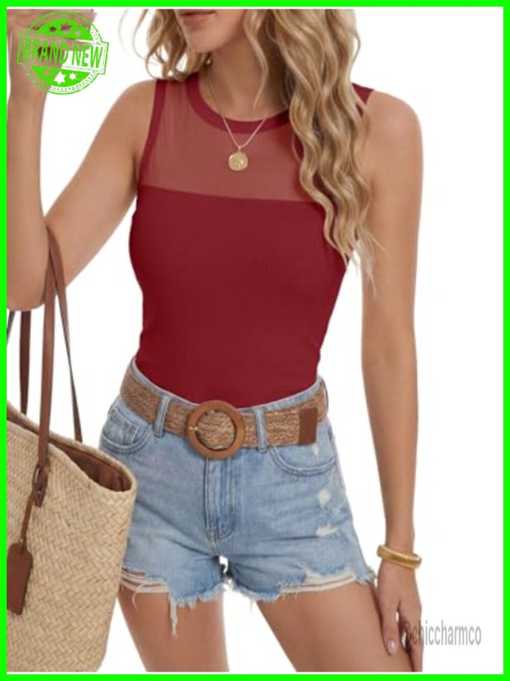 Sheer Mesh Tank Top Sleeveless Ribbed Fitted Crew Neck Sexy Going Out